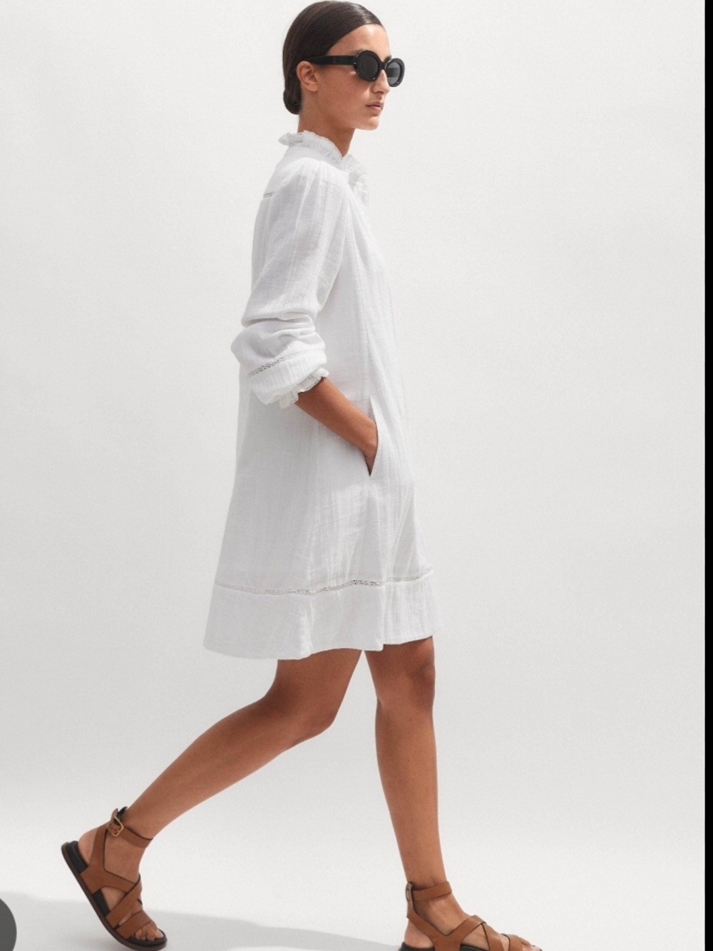 ME+EM White Ruffle-Neck Mini Shift Dress